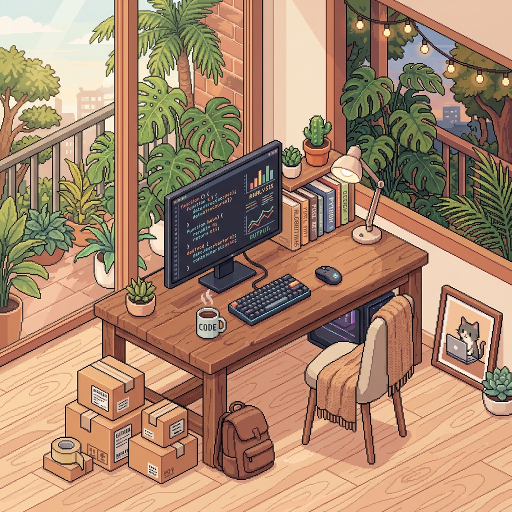 Pixel-art illustration of a developer workspace